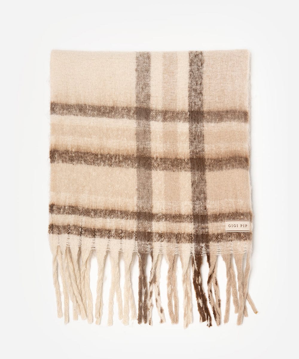 Beige and brown checkered scarf with fringes on a white background #color_ cream - brown plaid