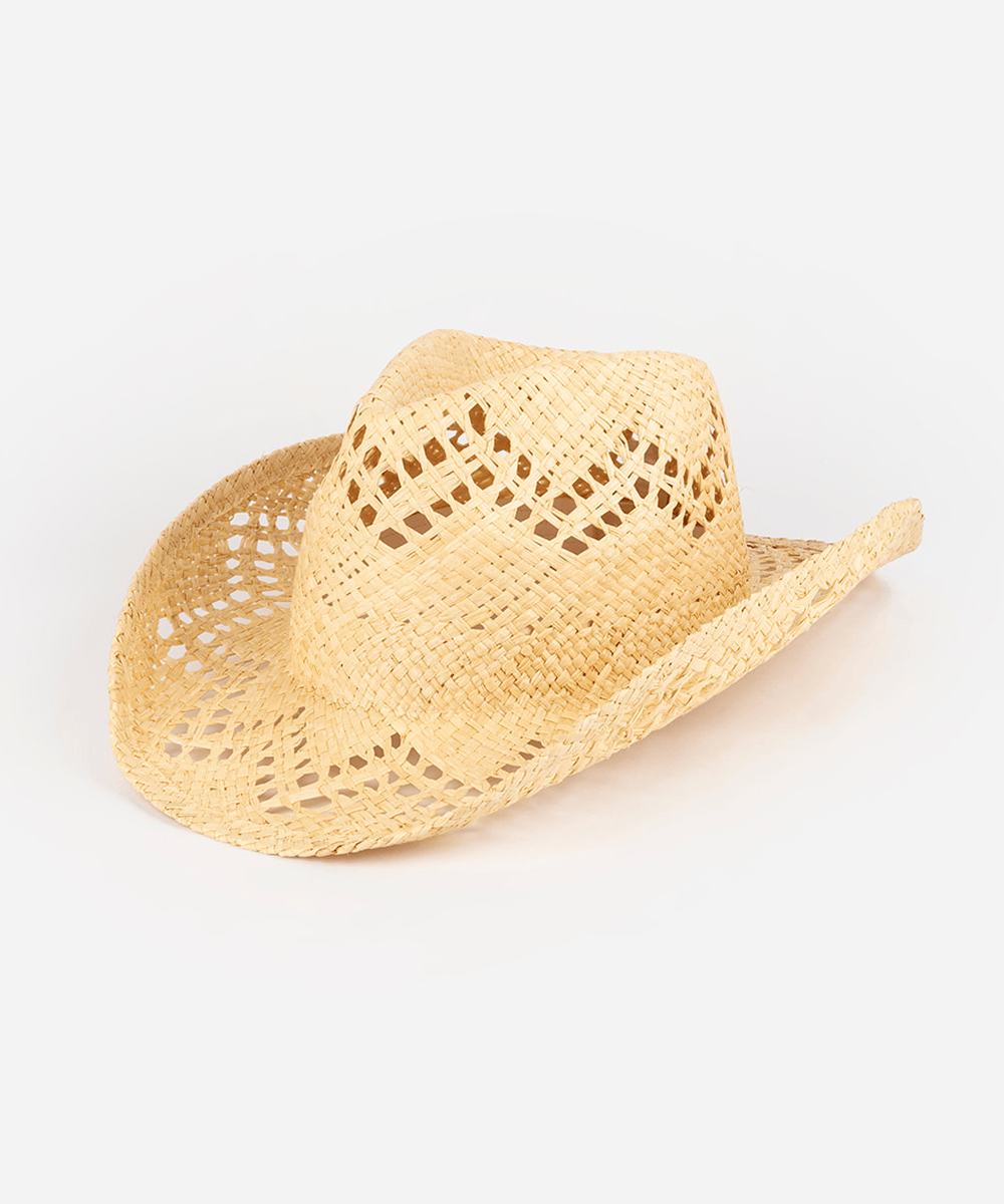 Tan colored straw cowboy hat on a white background #color_natural