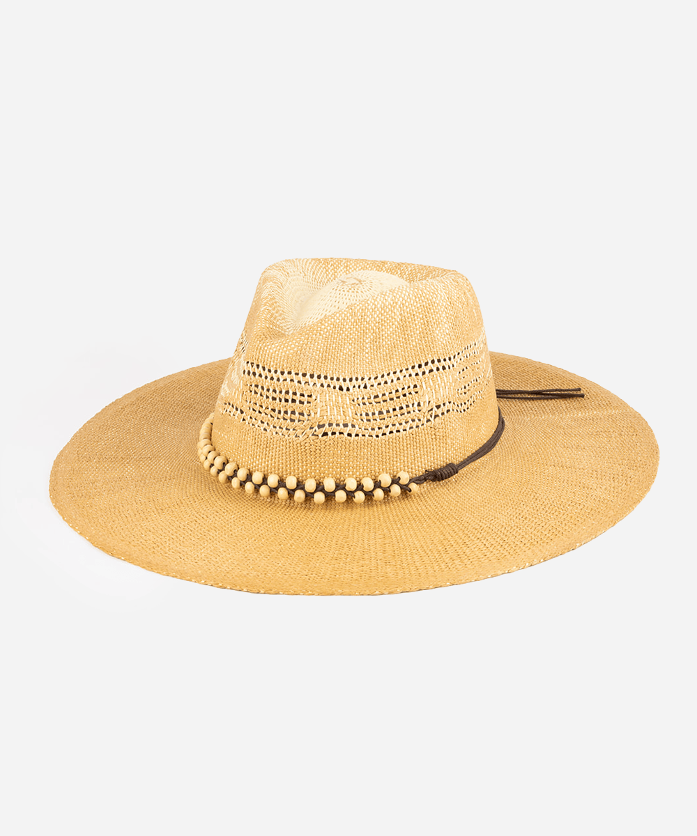 Washed tan colored straw fedora hat on a white background #color_washed tan