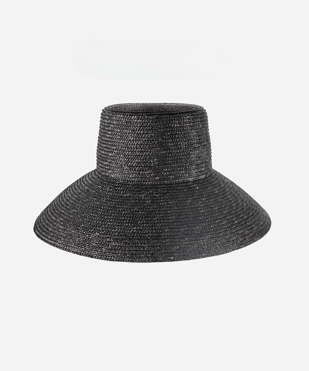 A black boater-style straw hat on a white background #color_black