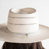Gigi Pip straw hats for women - Arlo Straw Teardrop Fedora - teardrop crown and a stiff upturned brim, featuring handwoven venting on the crown and the brim, and a hand sewn removable leather band [grey band]