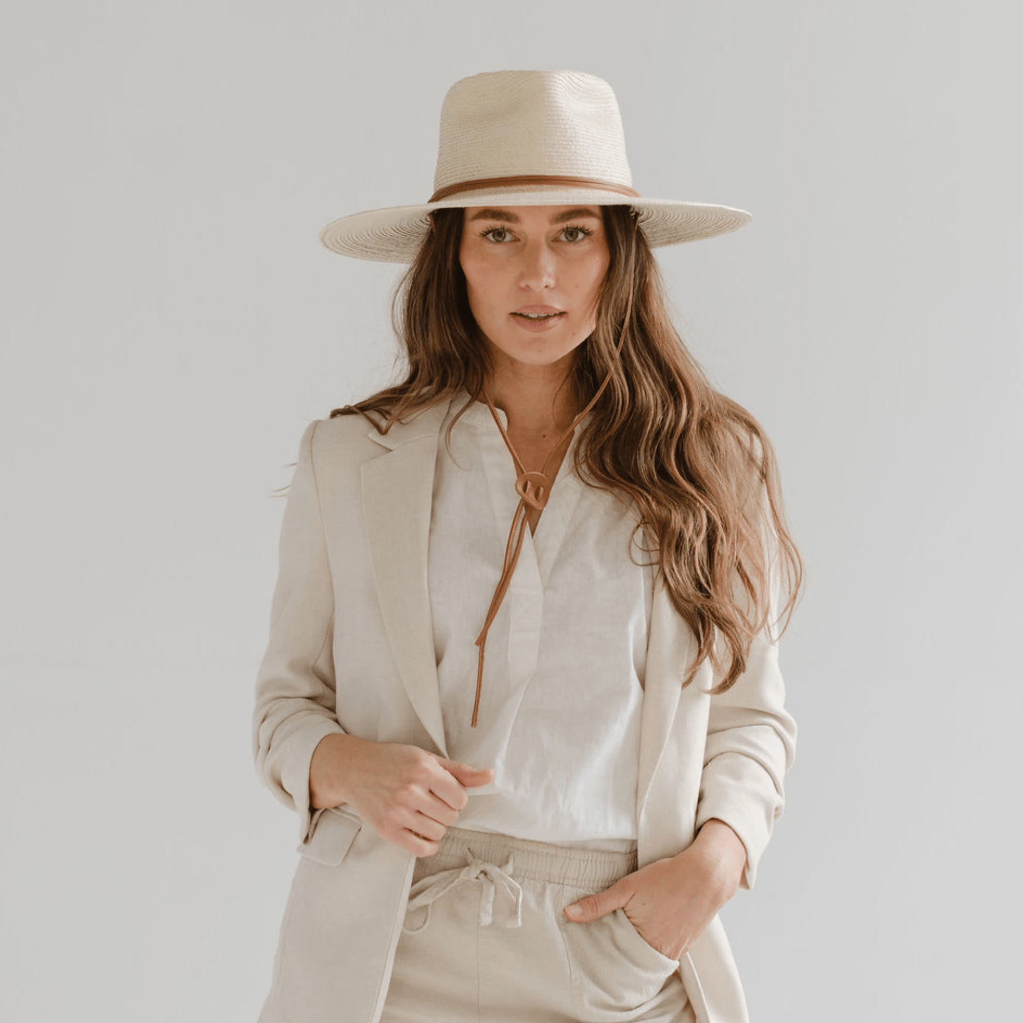 Gigi Pip straw hats for women - River Guatemalan Palm - teardrop lifeguard fedora crown featuring a flat brim trimmed with a leather chinstrap + leather slider [ivory]