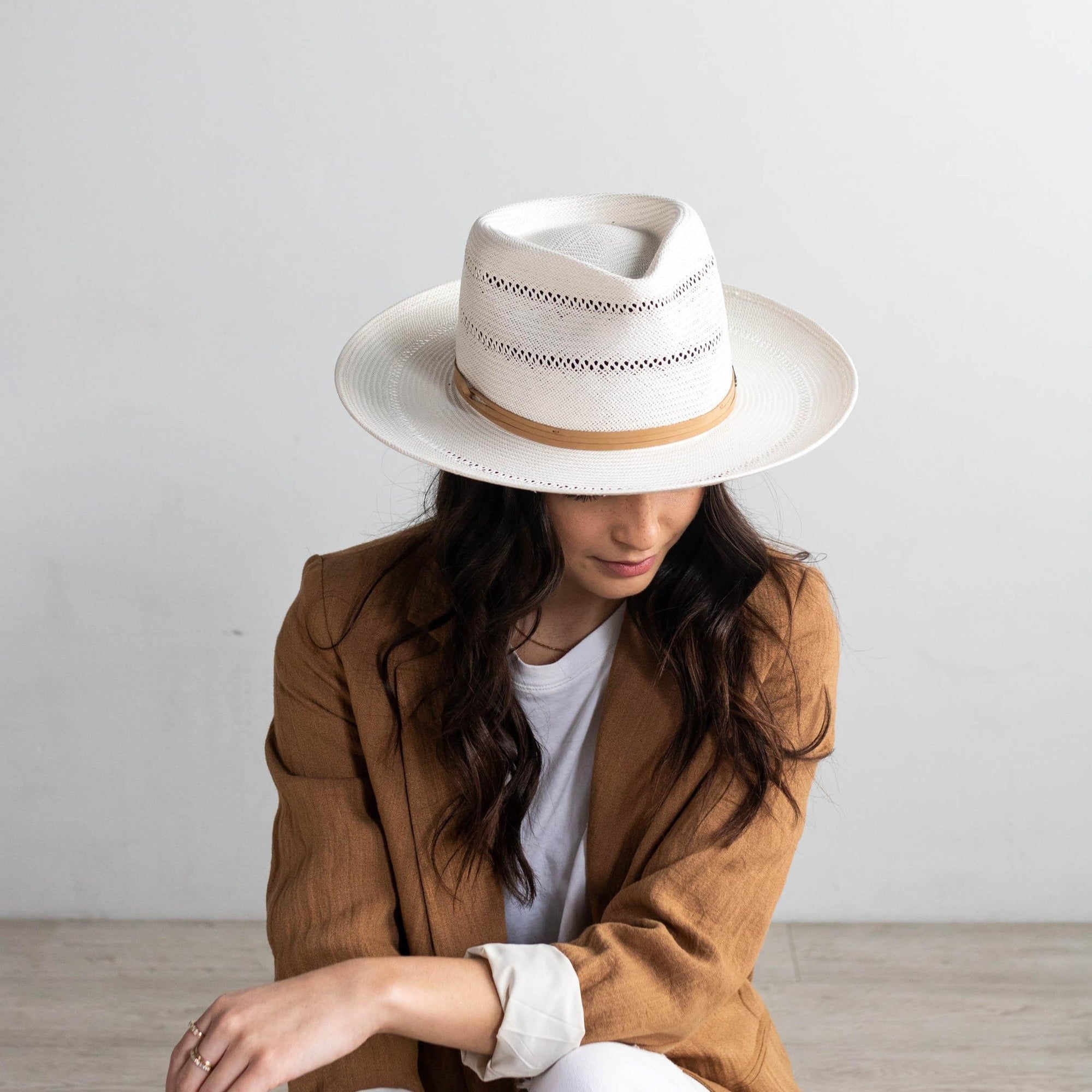 Gigi Pip straw hats for women - Arlo Straw Teardrop Fedora - teardrop crown and a stiff upturned brim, featuring handwoven venting on the crown and the brim, and a hand sewn removable leather band [honey]