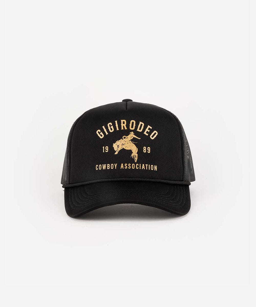 Black cap with golden 'GIGIRODEO' text and logo on a white background #color_black
