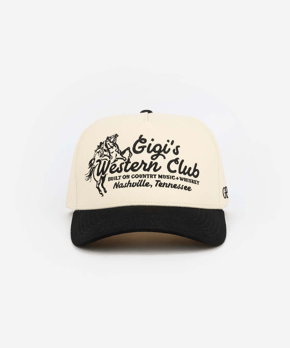 Trucker hat with 'Gigi's Western Club' text and logo on a white background #color_cream - black