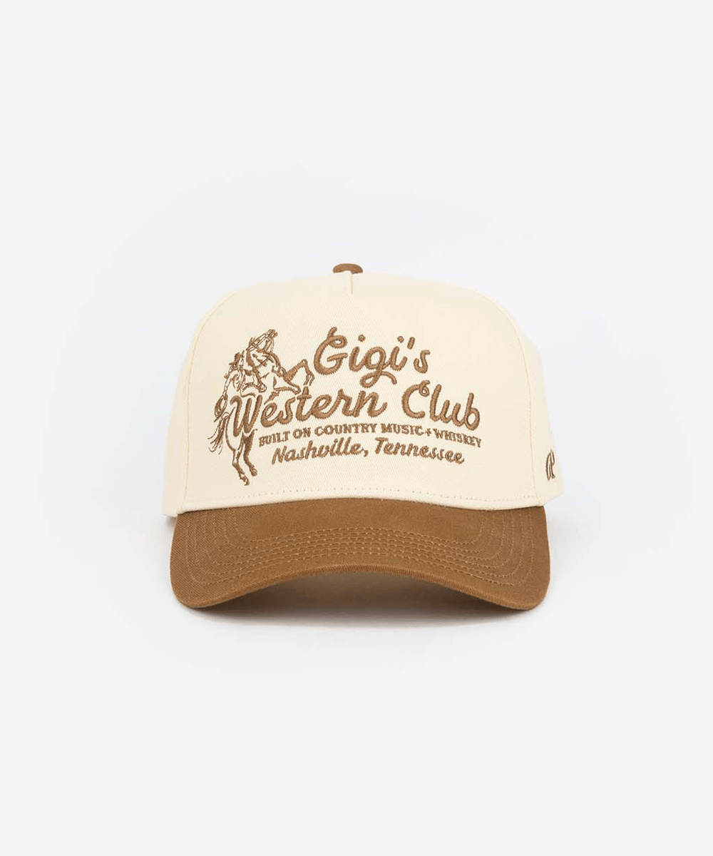 Beige and brown cap with 'Gigi's Western Club' text on a white background #color_cream - caramel