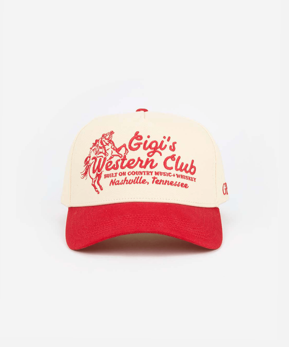 Red and beige cap with 'Gigi's Western Club' text on a white background #color_cream - red
