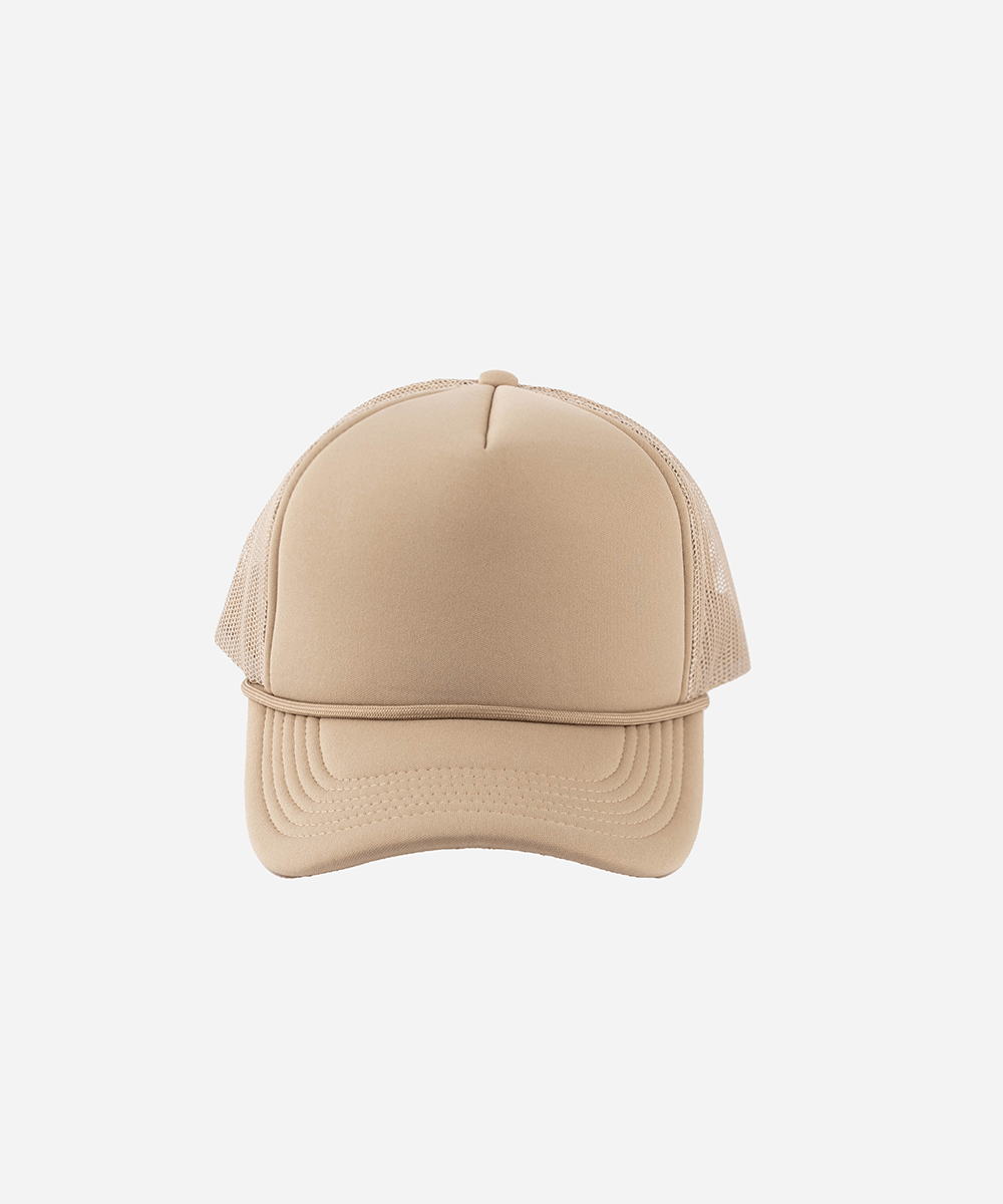 A trucker cap with mesh back on a white background #color_tan