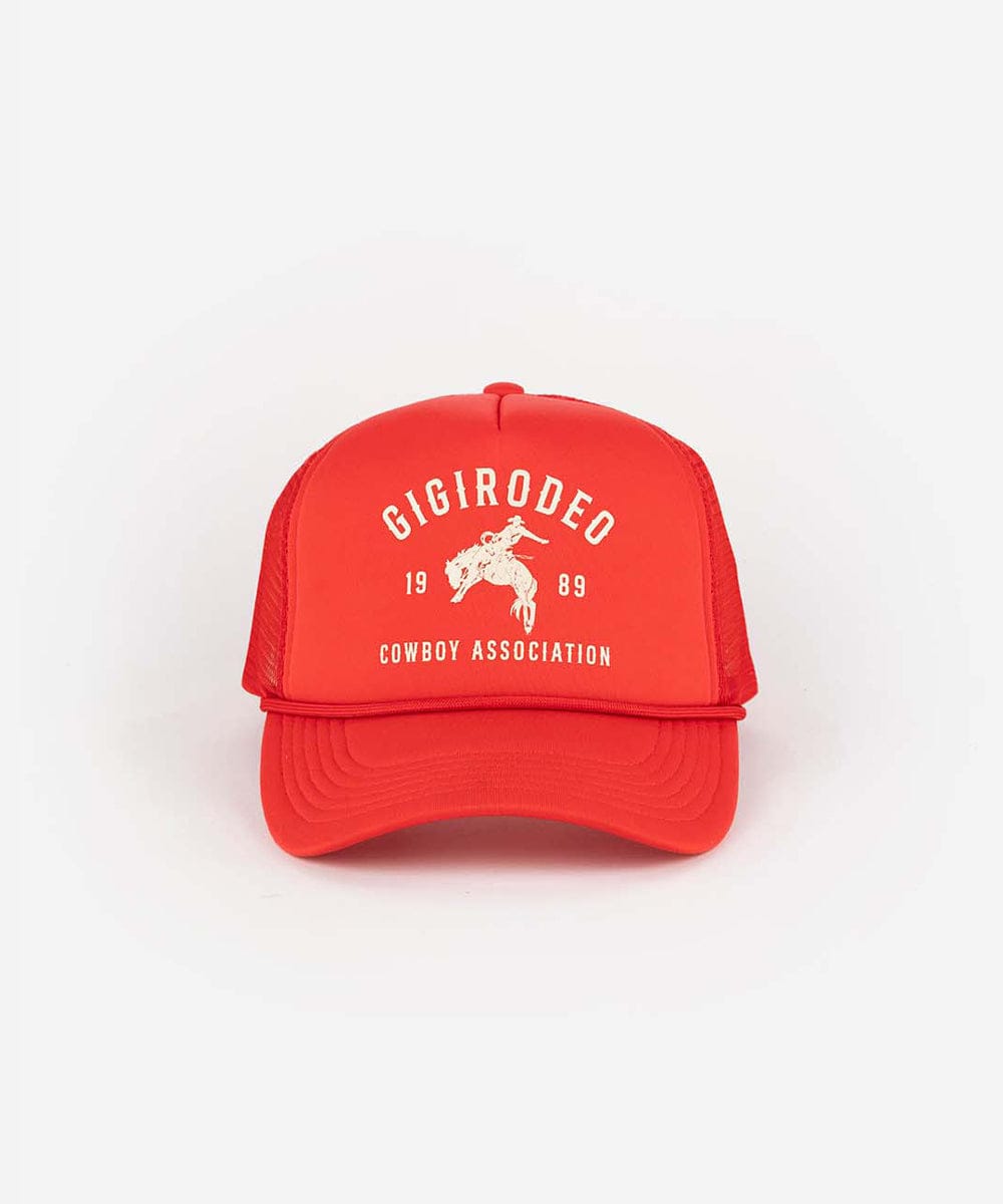 Vintage red cap with golden 'GIGIRODEO' text and logo on a white background #color_vintage red