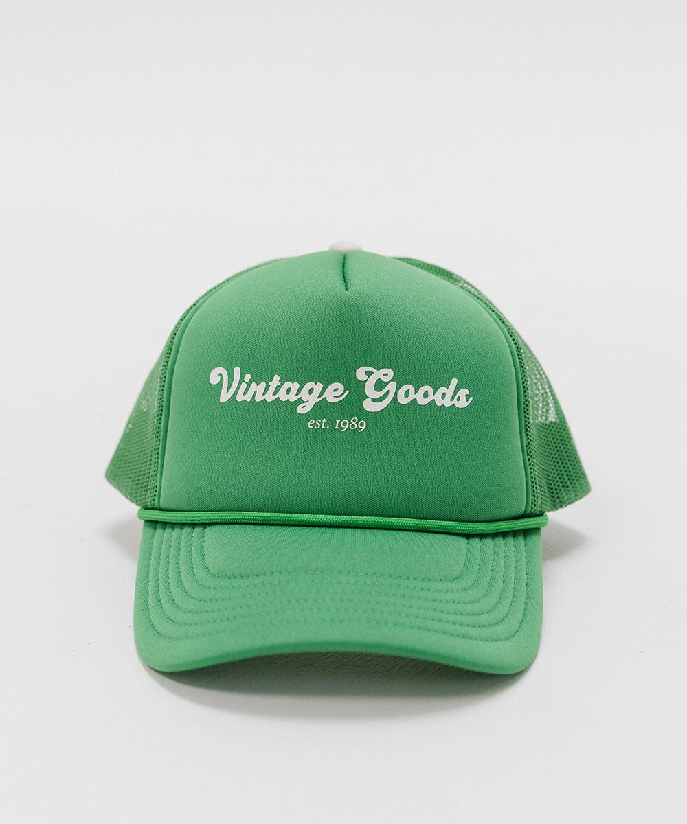 Gigi Pip trucker hats for women - Vintage Goods Foam Trucker Hat - 100% polyester foam + mesh trucker hat with a curved brim featuring the words "vintage goods" in a contrasting color as a design across the front panel [vintage green]