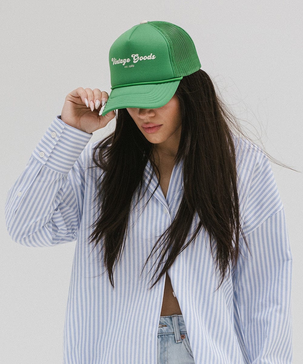 Gigi Pip trucker hats for women - Vintage Goods Foam Trucker Hat - 100% polyester foam + mesh trucker hat with a curved brim featuring the words "vintage goods" in a contrasting color as a design across the front panel [vintage green]