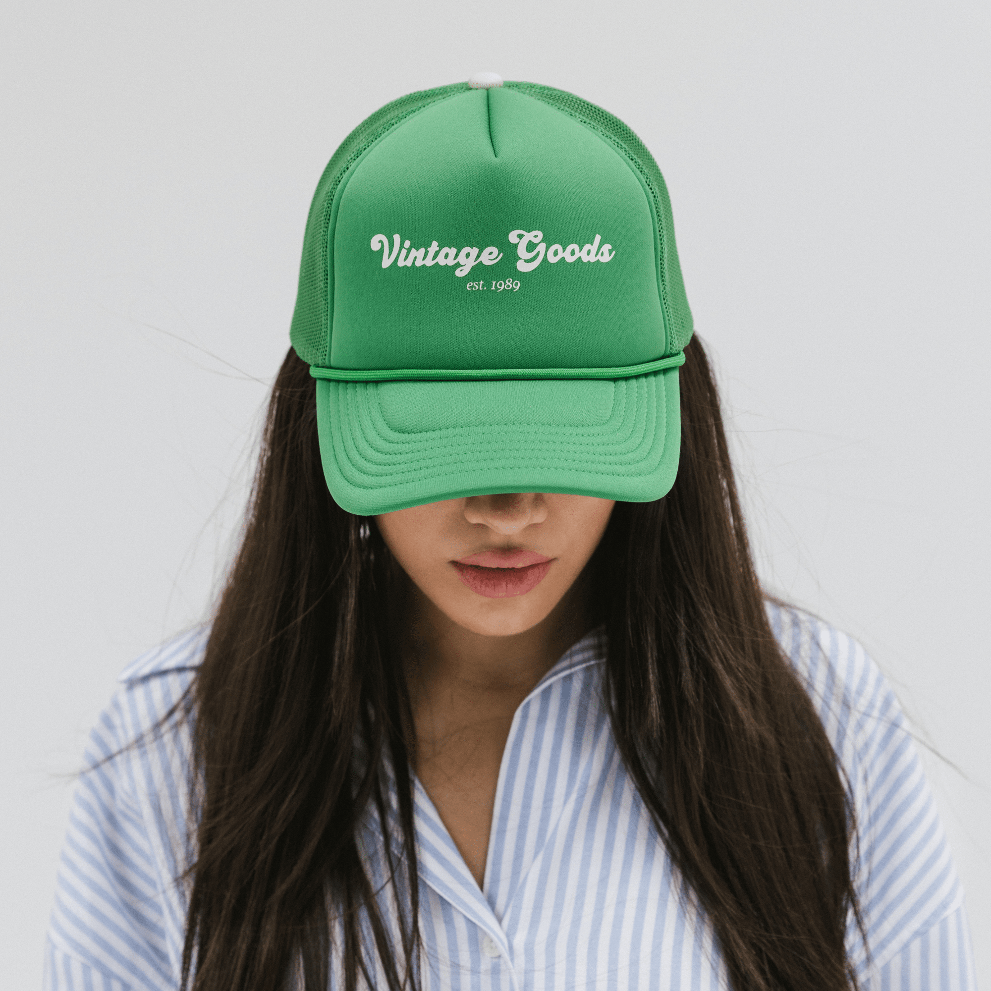 Gigi Pip trucker hats for women - Vintage Goods Foam Trucker Hat - 100% polyester foam + mesh trucker hat with a curved brim featuring the words "vintage goods" in a contrasting color as a design across the front panel [black]