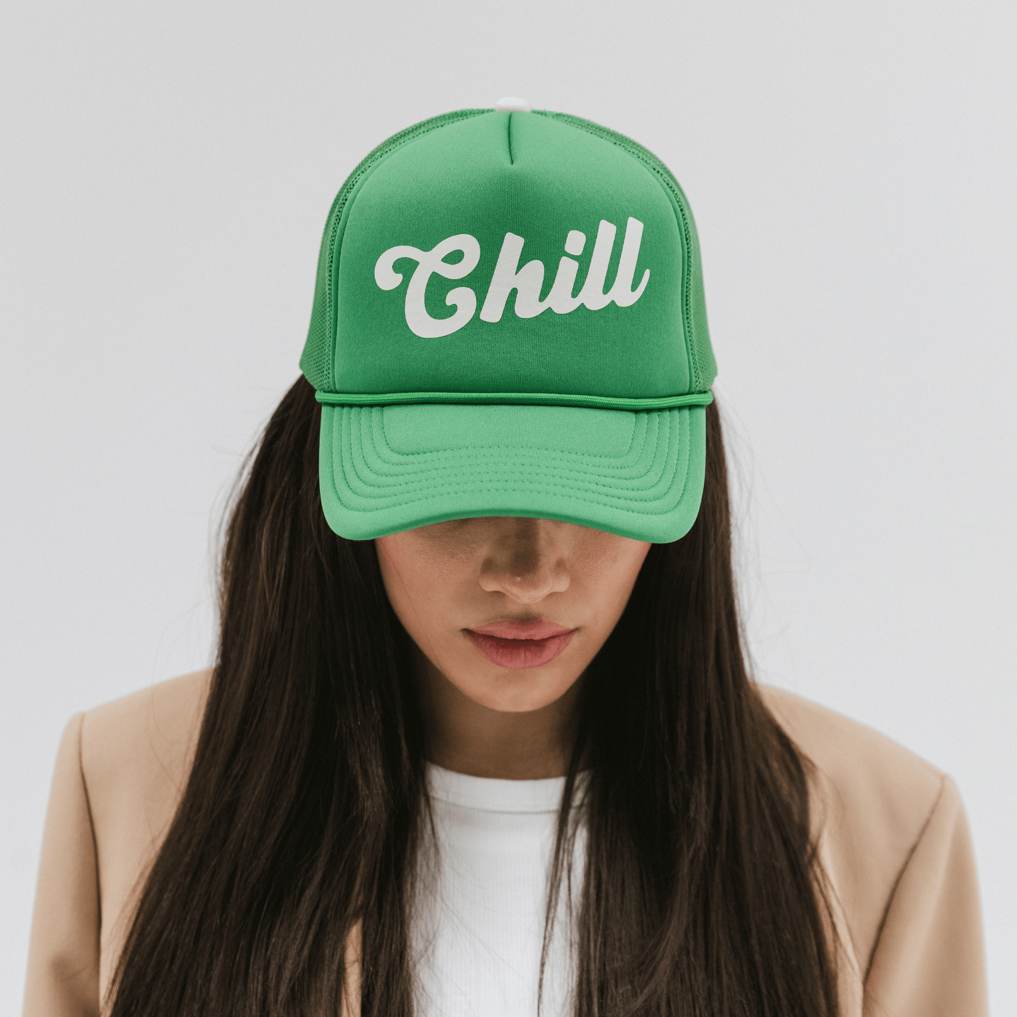 Gigi Pip trucker hats for women - Chill Foam Trucker Hat - 100% polyester foam + mesh trucker hat with a curved brim featuring the word "Chill" as a design across the front panel [chocolate brown]