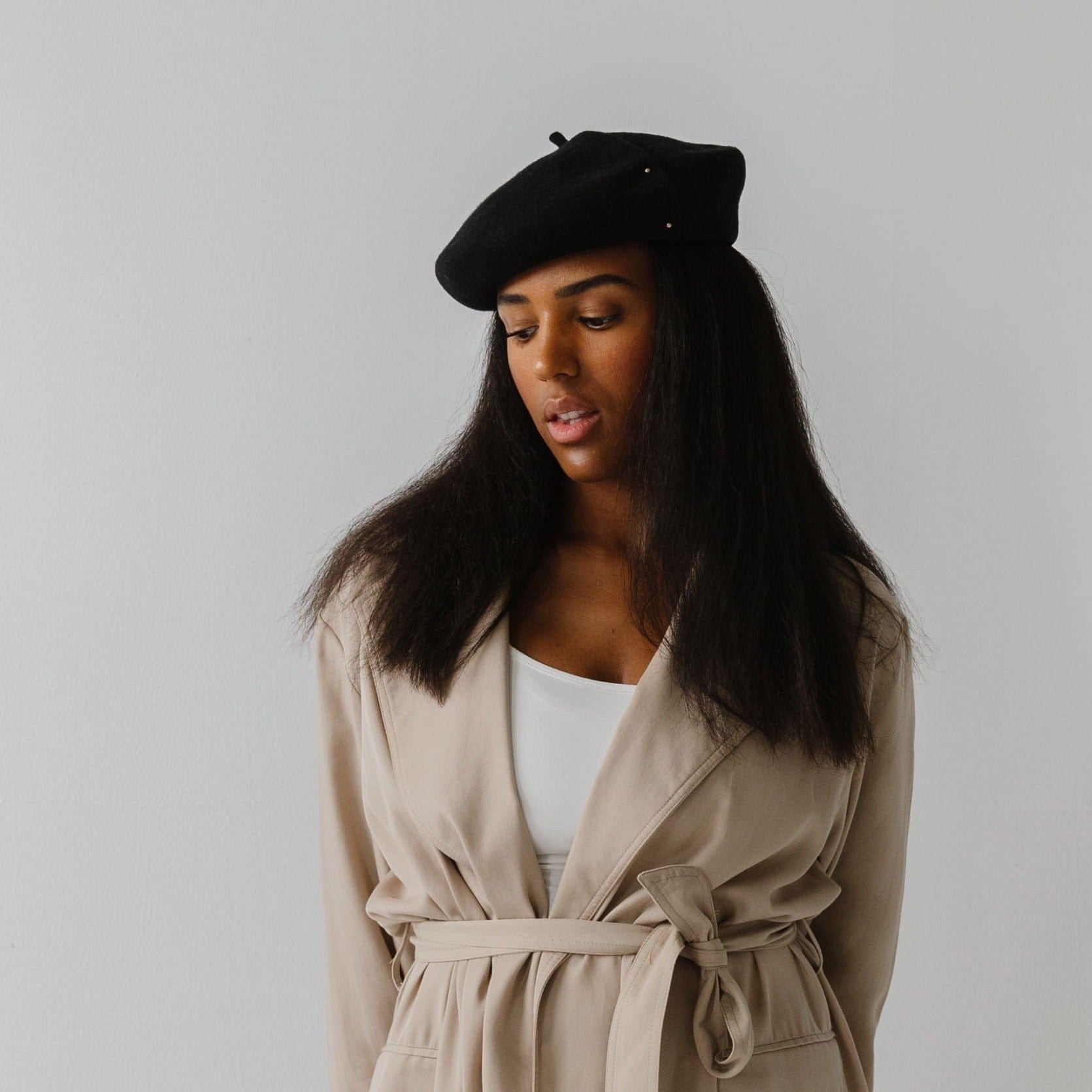 Gigi Pip caps for women - Lola Beret - 100% Australian wool classic beret featuring two metal detail embellishments on the soft fold and an adjustable inner lining [taupe]