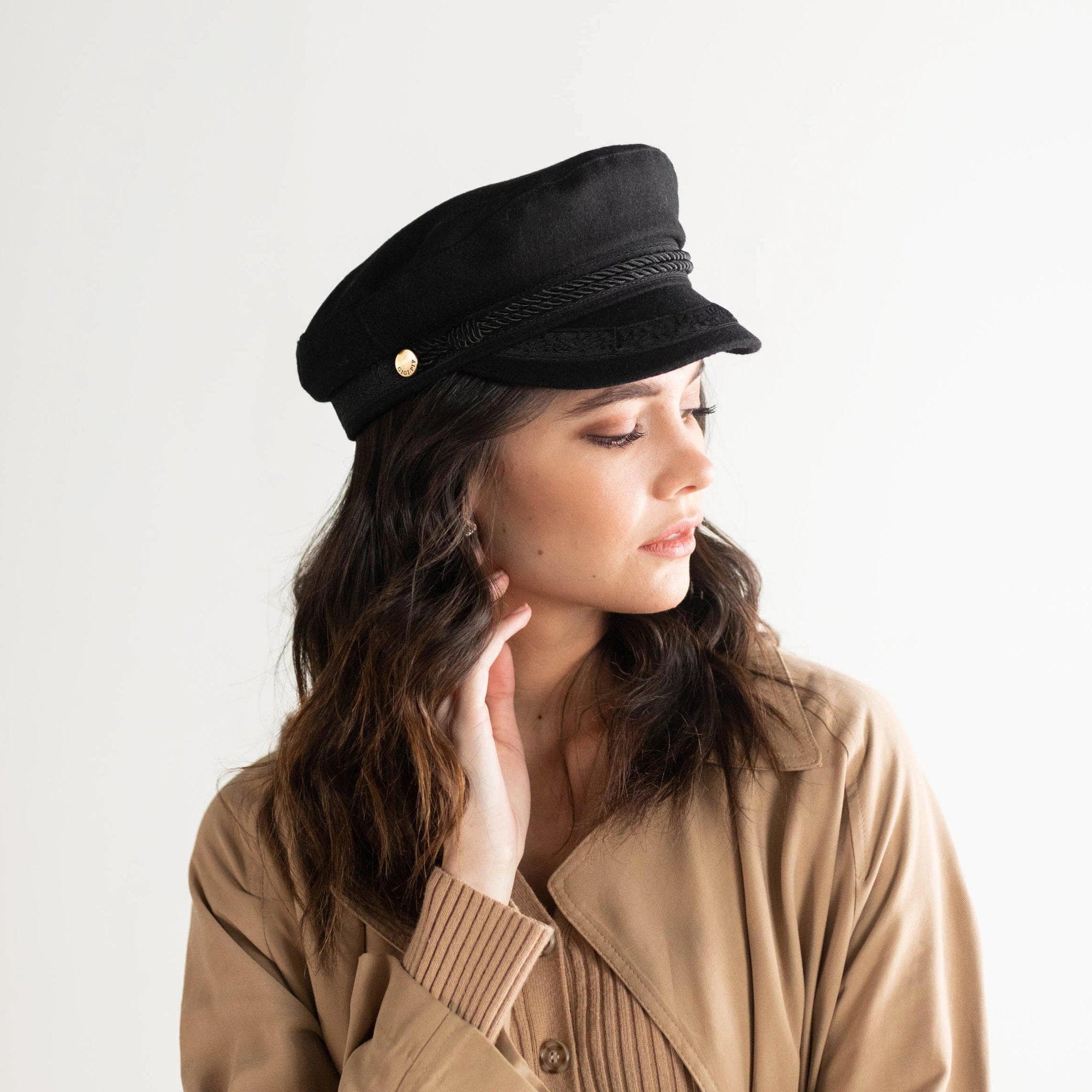 Gigi Pip caps for women - Lieutenant Cap - vintage inspired cap with an adjustable inner band, featuring a braided rope trim, a detailed grosgrain and brass button with the Gigi Pip logo [navy with gold]