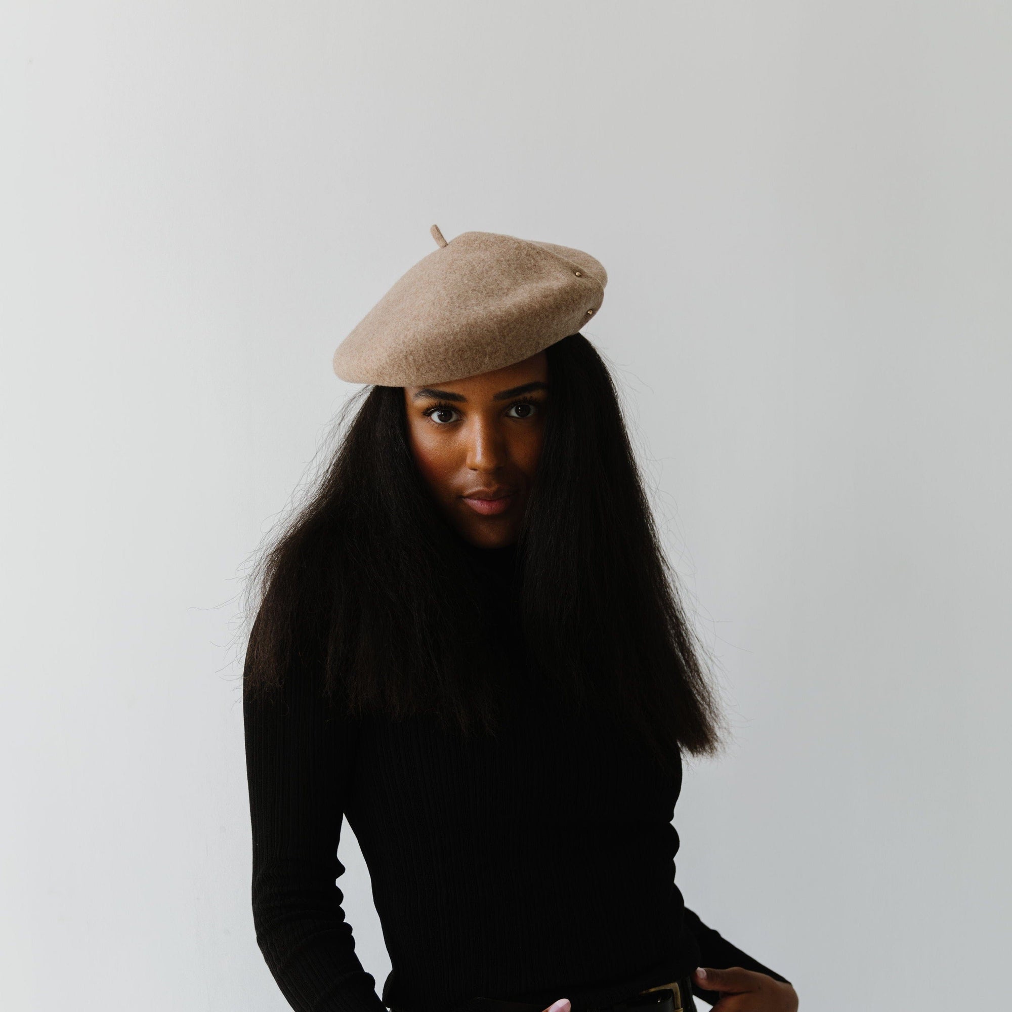 Gigi Pip caps for women - Lola Beret - 100% Australian wool classic beret featuring two metal detail embellishments on the soft fold and an adjustable inner lining [taupe]