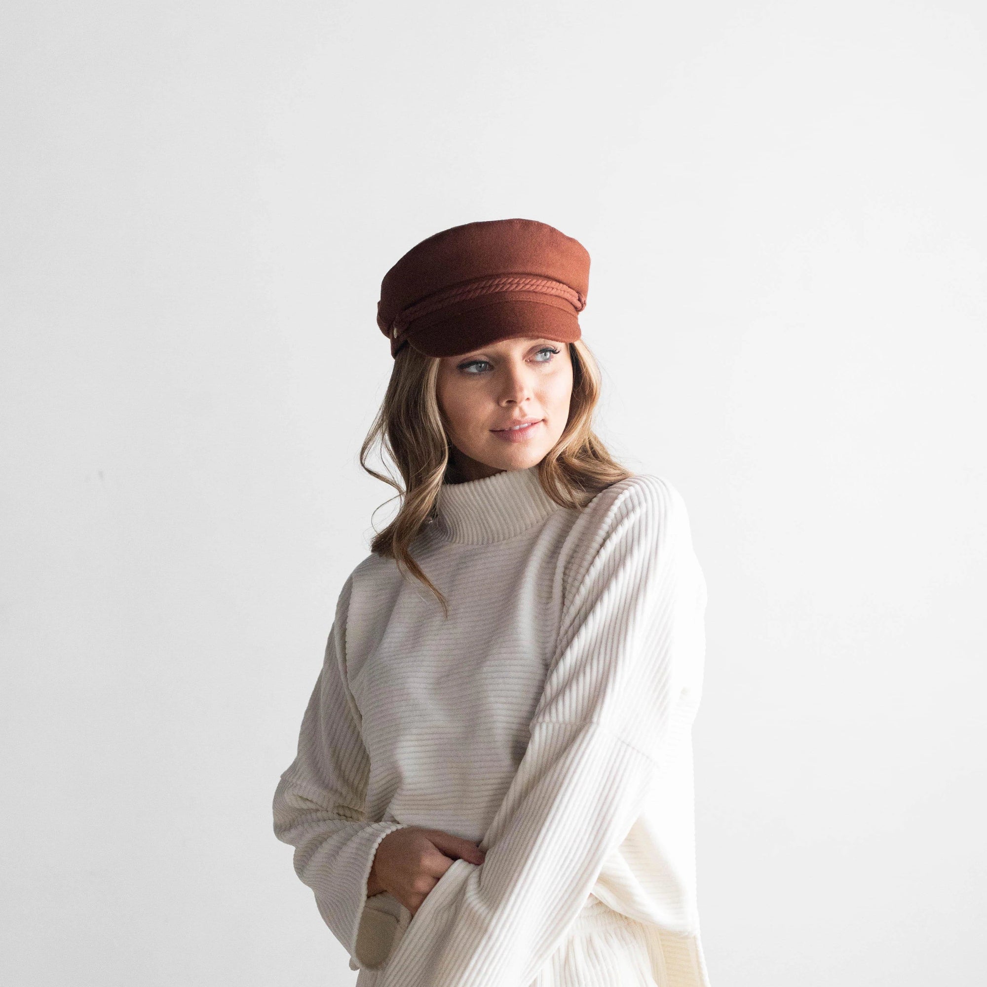 Gigi Pip caps for women - Fisherman Cap - classic fisherman cap with an adjustable inner lining, featuring a braided rope with a branded Gigi Pip bronze pin [mustard]
