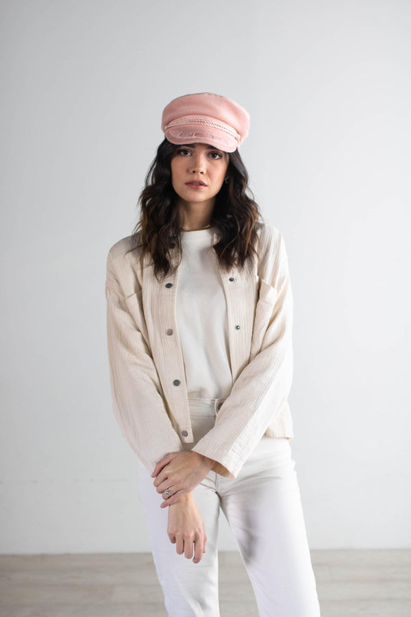Gigi Pip caps for women - Lieutenant Cap - vintage inspired cap with an adjustable inner band, featuring a braided rope trim, a detailed grosgrain and brass button with the Gigi Pip logo [blush]