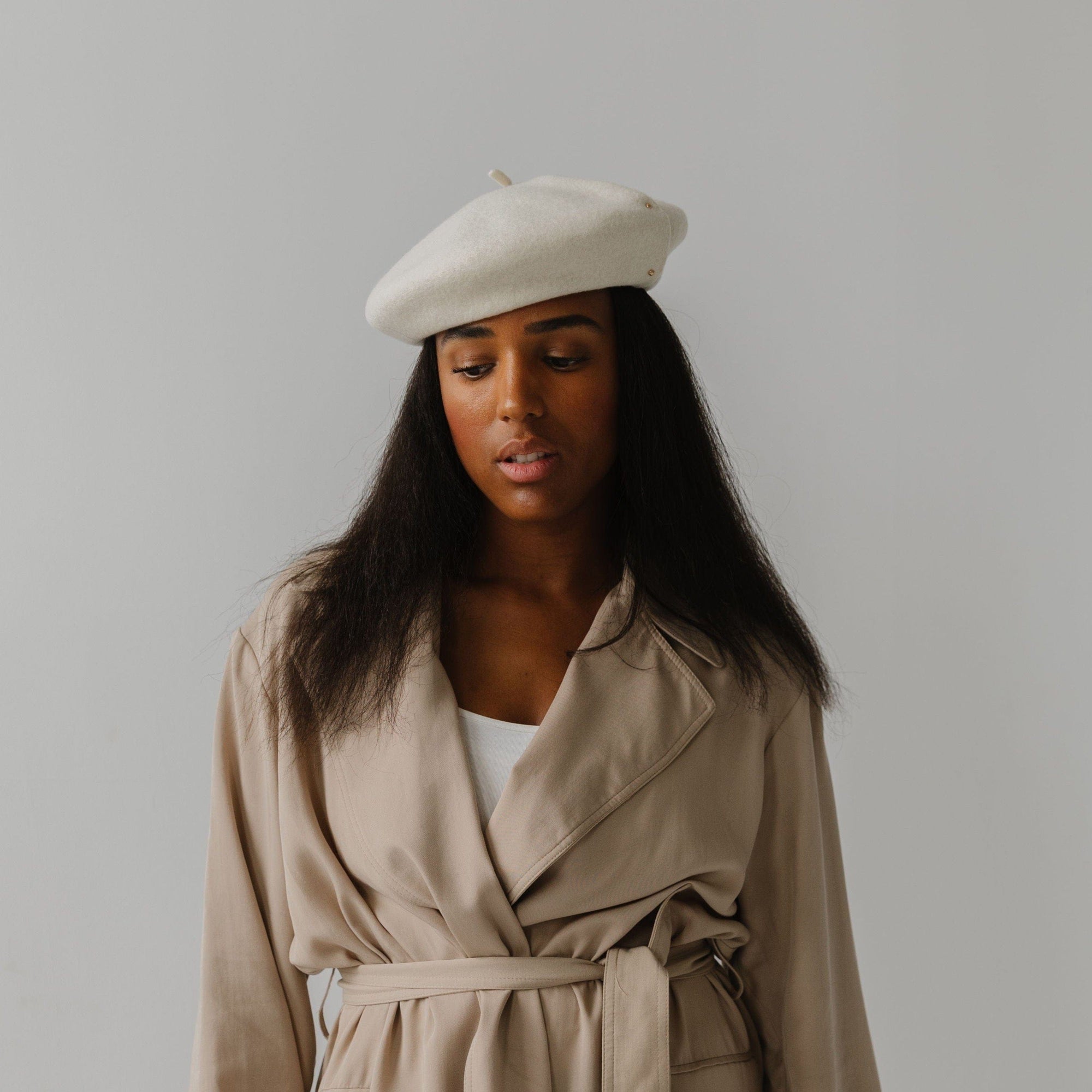 Gigi Pip caps for women - Lola Beret - 100% Australian wool classic beret featuring two metal detail embellishments on the soft fold and an adjustable inner lining [taupe]