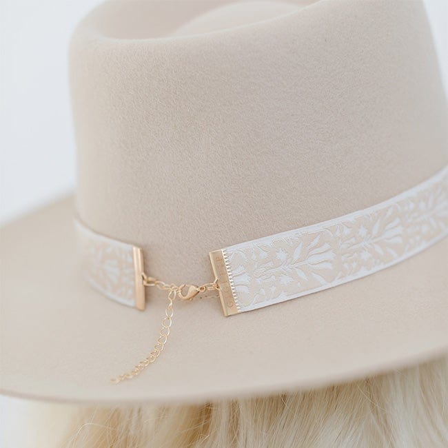 Gigi Pip hat bands + trims for women's hats - Azalea Band - jacquard gold + white chain band with gold clasps at either end + our Gigi Pip inscription [white]