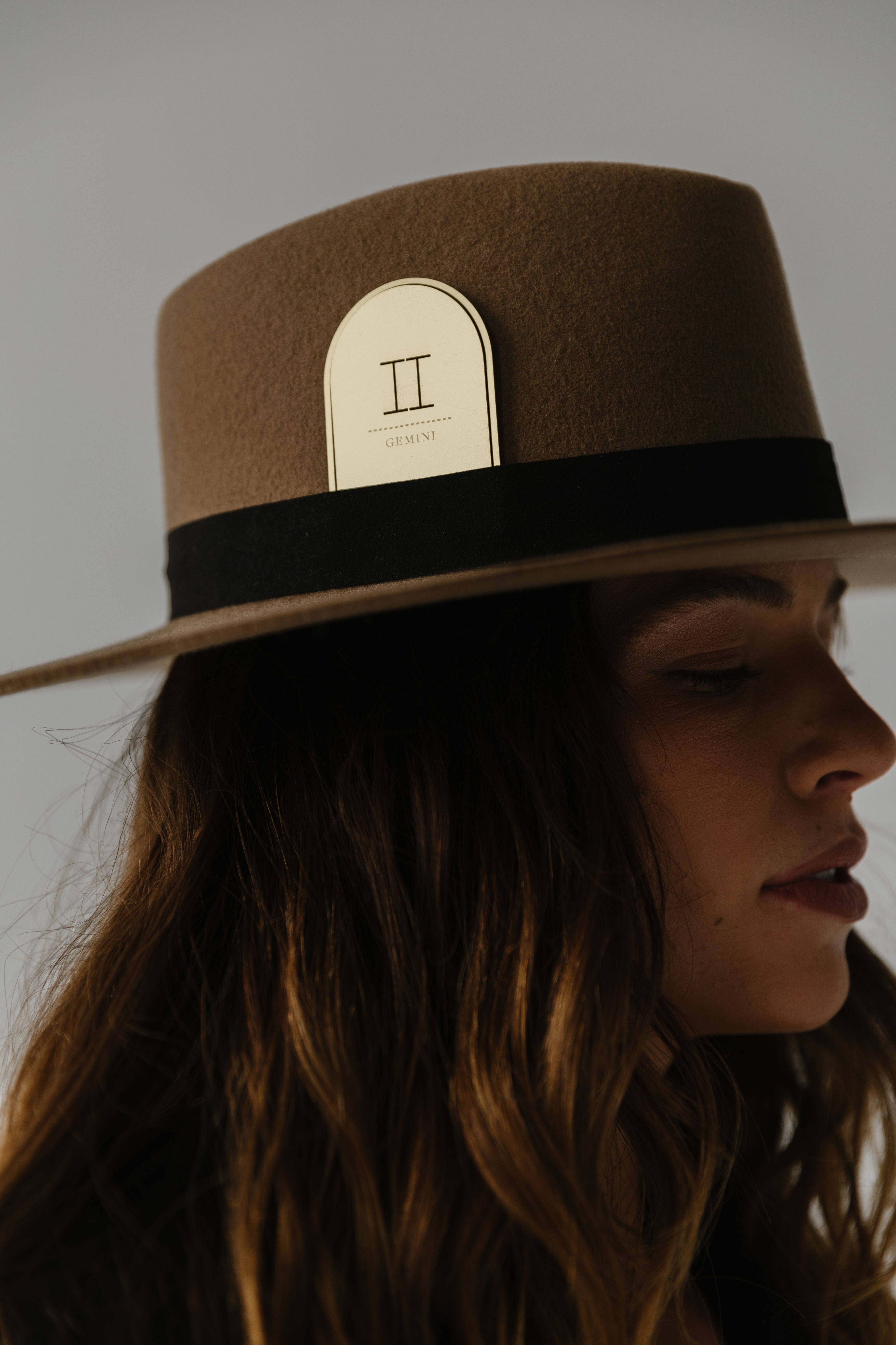 Gigi Pip hat bands + trims for women's hats - Zodiac Band Cards - laser etched metal card that fits into your hat band, tucked closely to the crown of your hat with a zodiac symbol etched into the metal [gold]