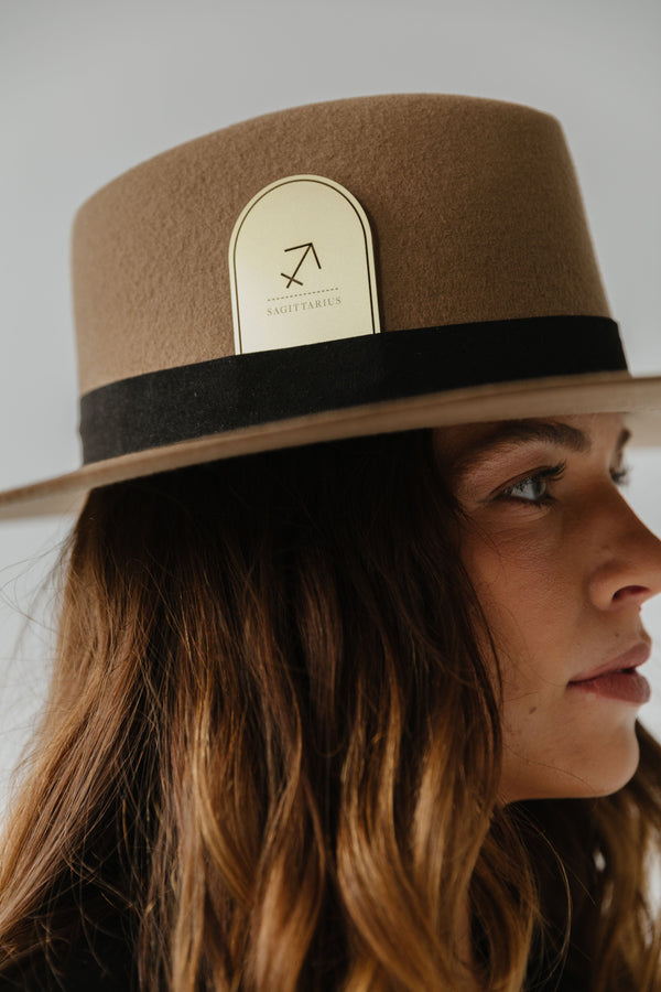 Gigi Pip hat bands + trims for women's hats - Zodiac Band Cards - laser etched metal card that fits into your hat band, tucked closely to the crown of your hat with a zodiac symbol etched into the metal [gold]