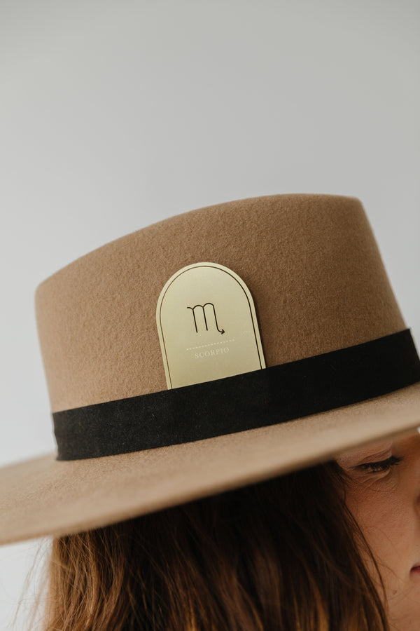 Gigi Pip hat bands + trims for women's hats - Zodiac Band Cards - laser etched metal card that fits into your hat band, tucked closely to the crown of your hat with a zodiac symbol etched into the metal [gold]