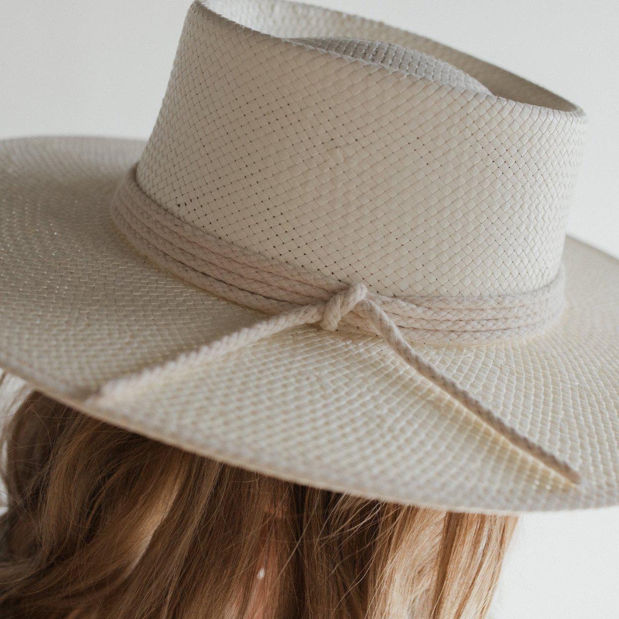 Close up image of someone wearing an ivory colored straw hat with a hat band against a plain background #color_ivory