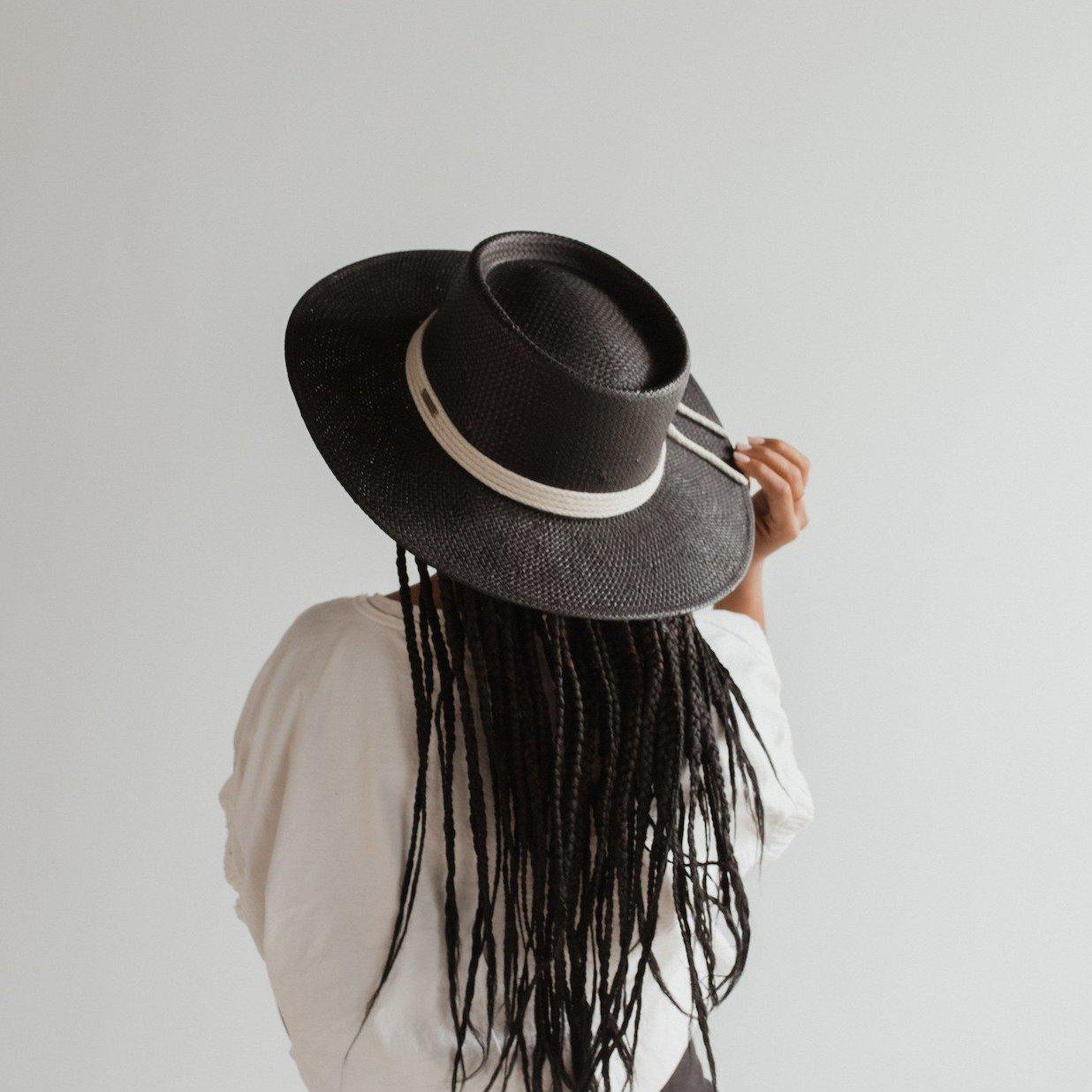 Woman wearing a black straw hat with a hat band and a white t-shirt, facing behind against a plain background #color_black