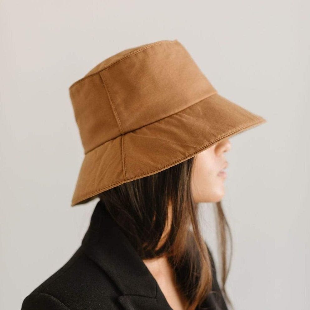 Gigi Pip bucket hats for women - Rylee Bucket Hat - 100% cotton bucket hat with a silk inner liner and an adjustable sweatband, featuring a gold Gigi Pip pin on the back of the crown [brown]