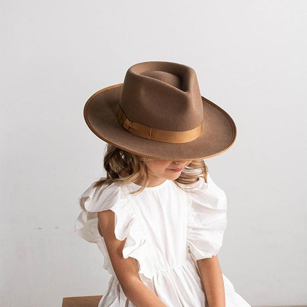 Gigi Pip felt hats for kids - Monroe Kids Rancher - fedora teardrop crown with stiff, upturned brim adorned with a tonal grosgrain band on the crown and brim [brown]