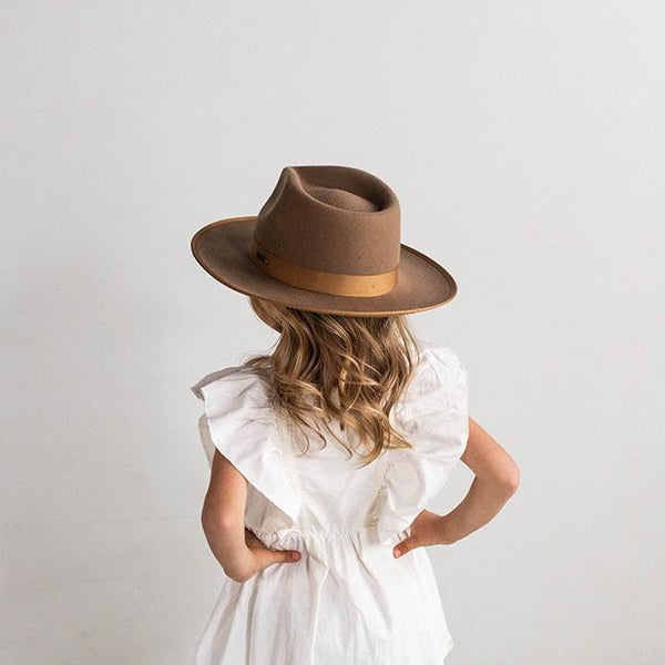 Gigi Pip felt hats for kids - Monroe Kids Rancher - fedora teardrop crown with stiff, upturned brim adorned with a tonal grosgrain band on the crown and brim [brown]