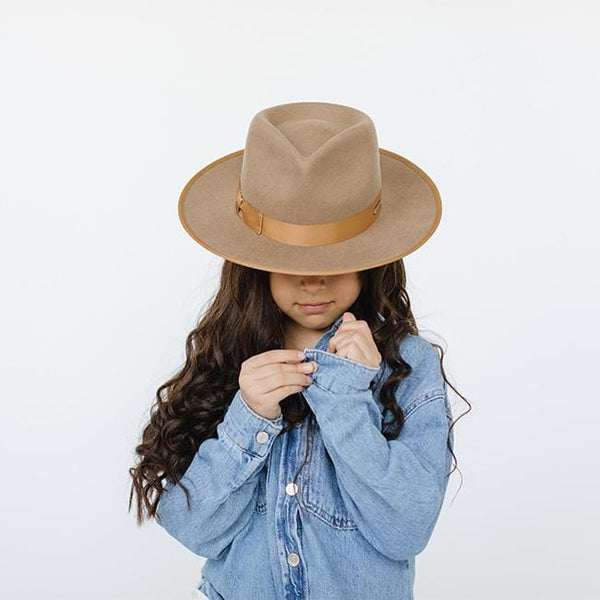 Gigi Pip felt hats for kids - Monroe Kids Rancher - fedora teardrop crown with stiff, upturned brim adorned with a tonal grosgrain band on the crown and brim [brown]