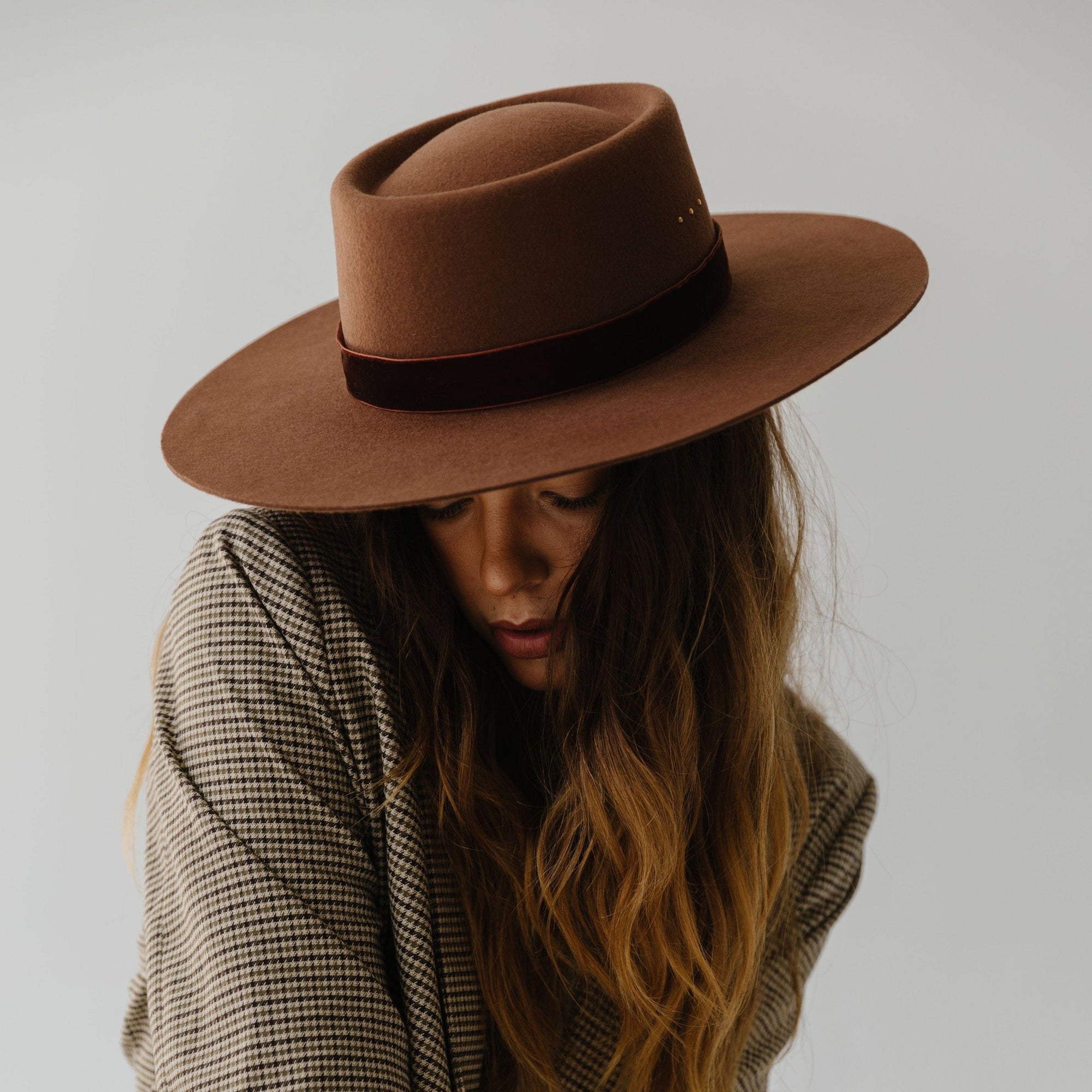 Gigi Pip felt hats for women - Linden Boater - telescope boater crown with a flat brim and three gold plated metal studs [dark oak]