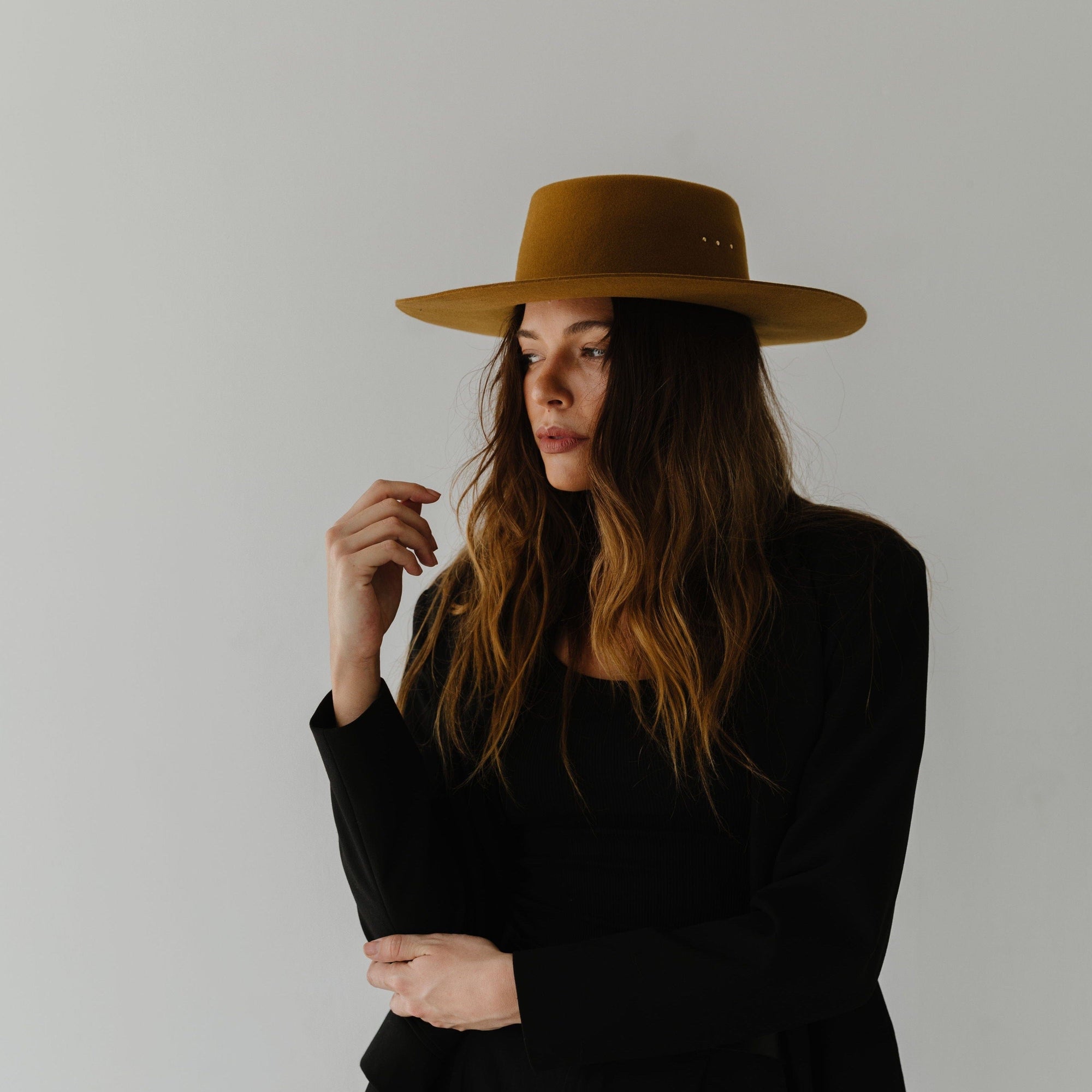 Gigi Pip felt hats for women - Linden Boater - telescope boater crown with a flat brim and three gold plated metal studs [dark oak]