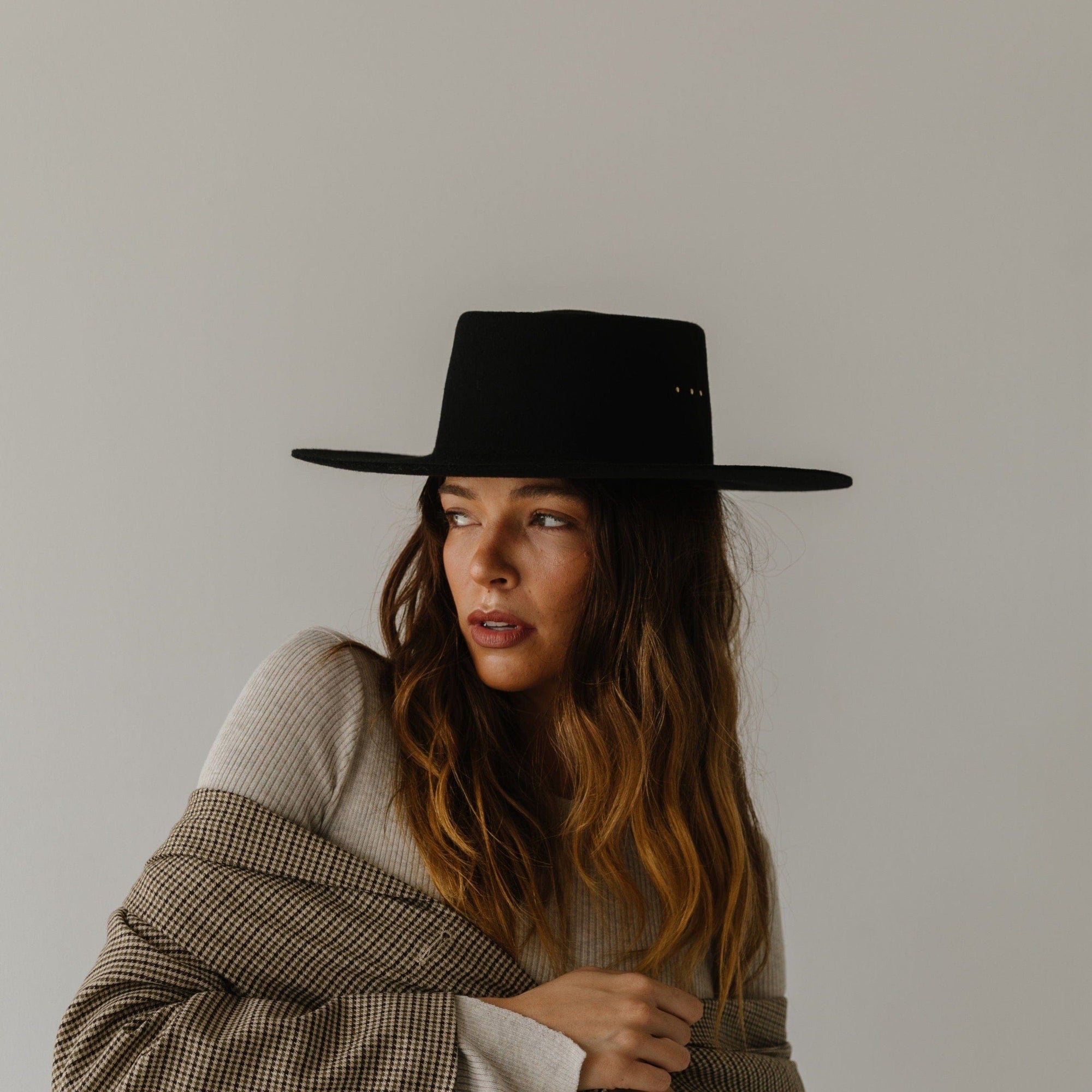 Gigi Pip felt hats for women - Linden Boater - telescope boater crown with a flat brim and three gold plated metal studs [dark oak]