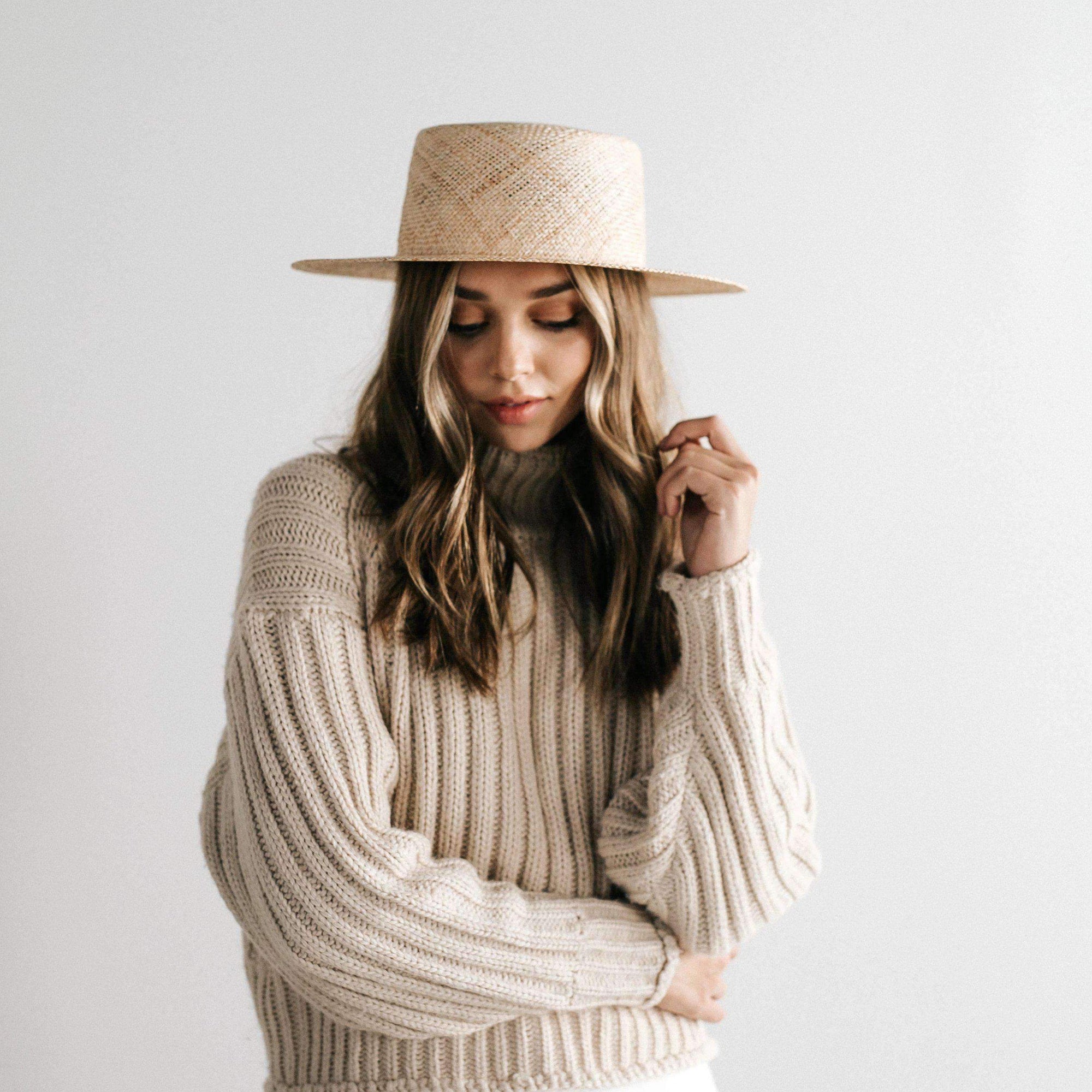 Gigi Pip straw hats for women - Brae Straw Boater - boater crown with flat brim, made with an intricate bao straw weave [natural]