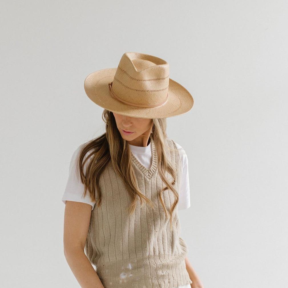 Gigi Pip straw hats for women - Arlo Straw Teardrop Fedora - teardrop crown and a stiff upturned brim, featuring handwoven venting on the crown and the brim, and a hand sewn removable leather band [honey]