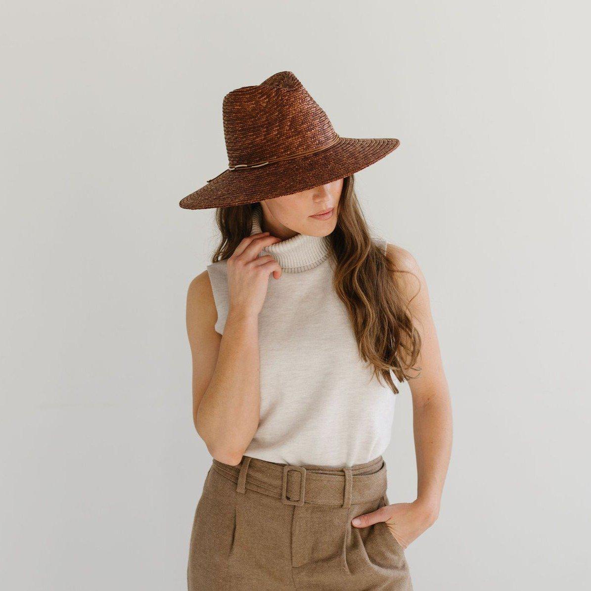 Gigi Pip straw hats for women - Isla Straw Fedora - wide brim straw fedora with an A-line brim and layered with a suede or beaded band [brown]