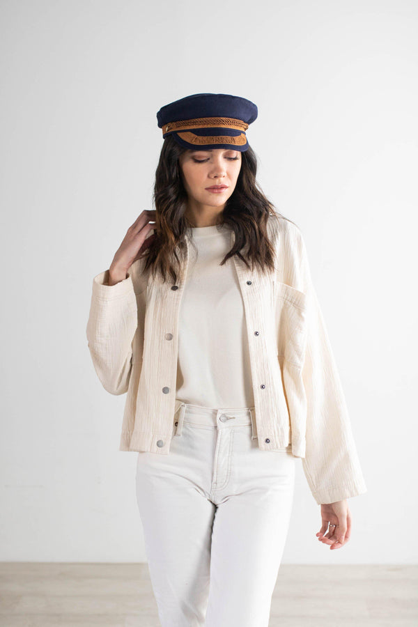 Gigi Pip caps for women - Lieutenant Cap - vintage inspired cap with an adjustable inner band, featuring a braided rope trim, a detailed grosgrain and brass button with the Gigi Pip logo [navy with gold]